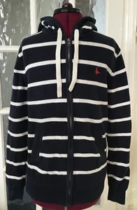 JACK WILLS KNITWEAR NAVY WHITE STRIPED FULL ZIP HOODED CARDIGAN MEDIUM #792 - Picture 1 of 17