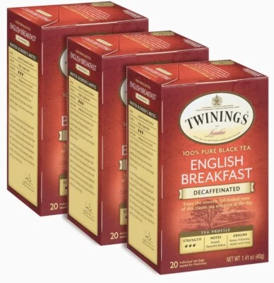 Bolsas de té negras descafeinadas Twinings English Breakfast .20 bolsas (paquete de 3) Foto 1 de 2