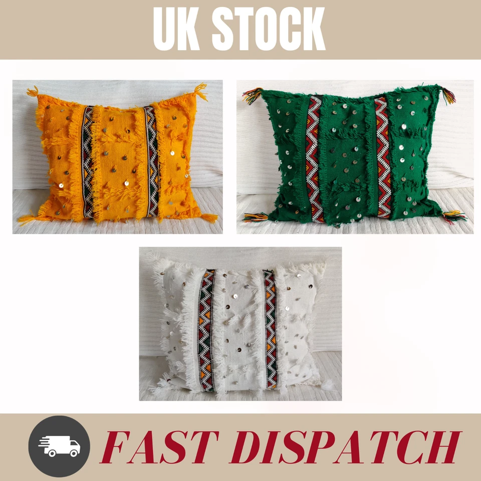 Moroccan Berber Cushion Cover Handira Wool and Sequins Handmade 54cm x 46cm - Image 1 of 1