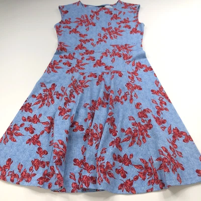 Lands' End 中号 Petite PM 10-12 及膝连衣裙蓝色全印花 — 第 1/4 张图片