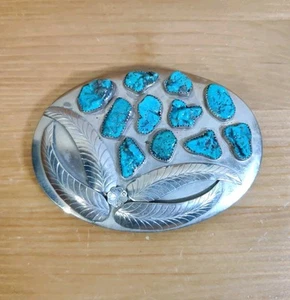 Vtg Native American Turquoise 4 Feathers Silver 4x3" Belt Buckle J Quirino - Picture 1 of 6