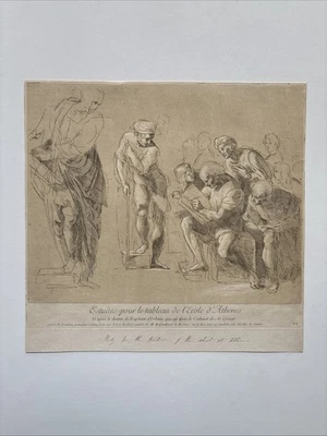 Figuras masculinas grabadas antiguas alrededor del filósofo Arquímedes en fresco de Rafael Foto 1 de 4