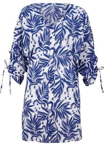 Blusenkleid mit Raffung am Ärmel Gr. 38 Weiß Blau Floral Damen Strand-Kleid Neu - Bild 1 von 1