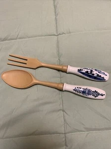 Plastic serving fork and spoon, Blue And White Ceramic Handles, - Picture 1 of 4