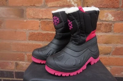 MUDDY PUDDLES GIRLS THERMAL SNOW BOOTS - BLACK PINK SNOWFLAKE - UK 12 13 1 2 3