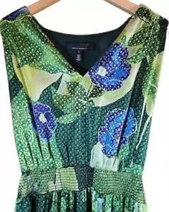 White House Black Market Dress Hi Lo Maxi Green Blue Satin Smocked Waist Floral - Picture 1 of 4