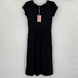 Quince Women’s Black Tencel Jersey Ruched Waist Dress sz S NWT Short Sleeve Midi - Picture 1 of 6