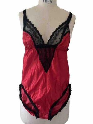 Body Lencería De Colección Años 80 Lilly of France Rojo Satinado y Negro Encaje Nylon Talla 34 Foto 1 de 4