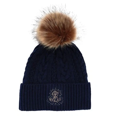 Ralph Lauren Mujer Logo en Estrás Cable Gorro Puño Sombrero con Pompón Azul Marino Foto 1 de 2