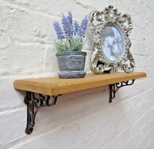 SOLID OAK WOOD HANDMADE SHELVES rustic wooden Shelf cast iron shelf brackets - Picture 1 of 7