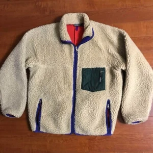 Patagonia Retro Pile Cardigan Vintage 1989 Size XL Natural Hunter Green Japan - Picture 1 of 12