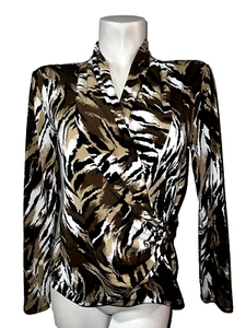 Blusa CACHE Top Talla S Marrón Años 90 Y2K Estampado Animal Cruzada Cuello en V Elastizada LS - Imagen 1 de 7
