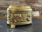 Antique c19th Gilt Metal Jewellery Box Casket With Embossed Hunting Scene On Lid