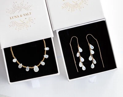 Rainbow Moonstone Threader Earrings Gemstone Dangle Earring Non-tarnish Gold - Image 1 of 4