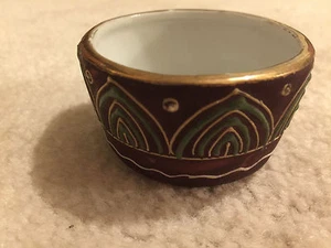 Vintage handbemalte Nippon kleine braune Schale mit grünem und Goldrand  - Bild 1 von 8