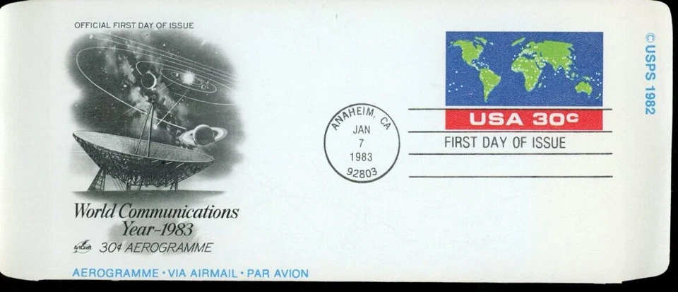 UC56 30c World Communications Year 1983 Aerogramme, ArtCraft, FDC - Image 1 of 2