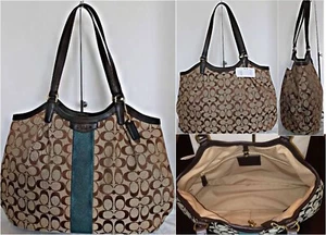 Neu mit Etikett Coach F28503 Schultertasche charakteristisch gestreift khaki renngrün DEVIN $ 328 - Bild 1 von 1