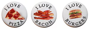 1" (25mm) Funny 'I LOVE....Food' Button Badges - Burgers Pizza & Bacon - Picture 1 of 3