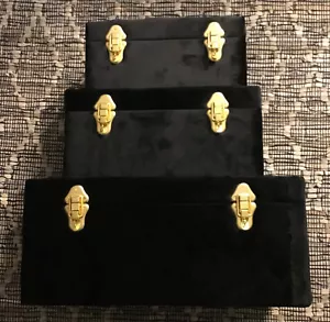 Black Velvet Trunks with Matte Gold Hardware - Set of 3 Home Decor Storage Chest - Picture 1 of 9