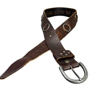 Vintage Brown Patina Leather 1.5" Wide Silver Embellished Viking Belt Men 32" - Picture 1 of 8