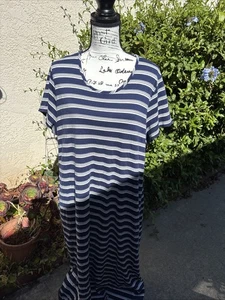 Lands' End Stripe Long Dress Women Plus 2X Navy Blue White 100% Cotton Nautical - Picture 1 of 9