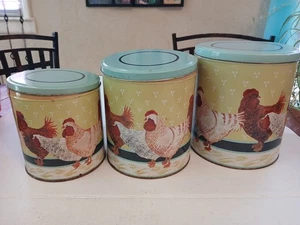 Juego de 3 botes de lata de anidación vintage 1986 diseño de pollo gallo - Imagen 1 de 11