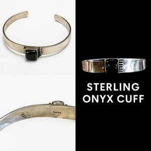 Vintage markiert Sterlingsilber schwarzer Onyx Manschette Armband Modernist passt 7" Handgelenk - Bild 1 von 5
