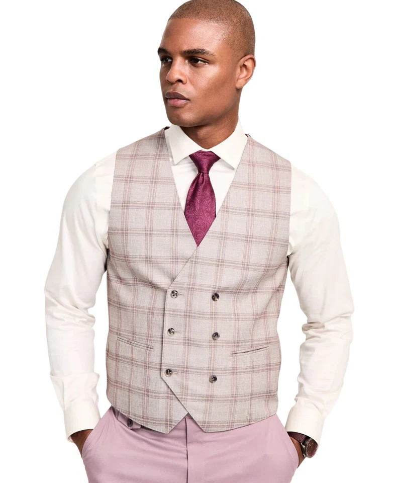 Tayion Mens Regular fit Double Breasted Button-Up Suit Vest Small Beige Plaid - Image 1 of 1