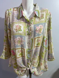 Rose & Olive Women 1X Top Shirt Blouse Blue Pink Floral Button Down New NWT - Picture 1 of 10