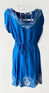 Ladies Size 12 Blue & White Scalloped Neck Summer Dress - Waist Drawstring - Picture 1 of 5