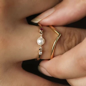 14K Gold Diamond Ruby Freshwater Pearl Ring, Sizes 3-8, Unique Jewelry - Picture 1 of 10