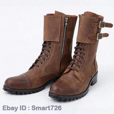 Botas de vaquero militares punk cómodas de cuero con hebilla de combate a media pantorrilla para hombre Foto 1 de 4