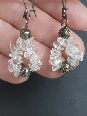 Vintage Clear Quartz Crystal Chip Hoop Dangle Earrings Sterling Silver Balls - Image 1 of 4