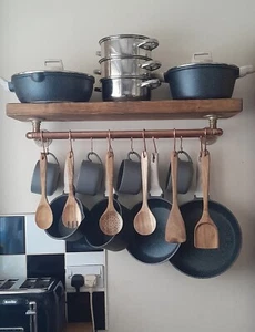 Solid Wood Shelf With 22mm & 15mm Copper Rails, pots & pan Rail , Utensil Rail - Picture 1 of 8