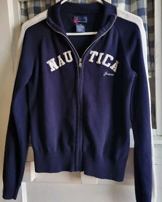 Женский свитер Nautica Jeans на молнии с синим белым логотипом через грудь размер большой - Изображение 1 из 4