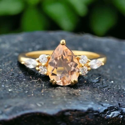 9k Solid Gold 7x5 MM Pear Shape Natural Morganite Ring Cubic Zirconia Ring - Image 1 of 4