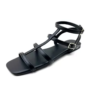 Sandalias Gladiador Esmalte Para Mujer Diseño Correa en T, Sandalia Tacón Plano Doble Hebilla - Imagen 1 de 19
