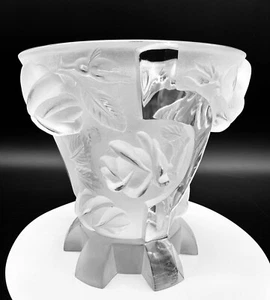 R Lalique Signed Heavy Crystal Frosted Rose Vase 6.5" by 7.75 RARE HTF 5+ LBS - Picture 1 of 13