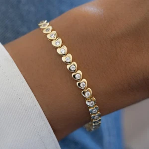 10 ct Round Simulated Diamond Heart Shape Tennis Bracelet 14k Yellow Gold Plated - Picture 1 of 10