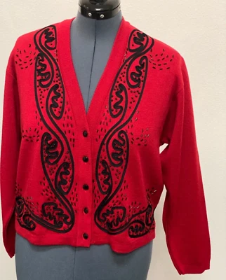 Cárdigan Suéter Classiques Entier M Rojo Negro Lana Cuello en V Soutache Cuentas Foto 1 de 4
