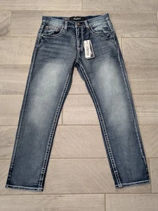 True Luck Men Classic Stretch Straight Jeans 32x30 Thick Stitch w/ Flaps NWT - Picture 1 of 12