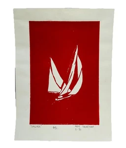 Nate Trevethan signierter Linolschnitt Druck "Segeln" 1988 5/5 rot ungerahmtes Papier - Bild 1 von 15