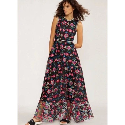 Maxi Vestido CYNTHIA ROWLEY Talla 4 Negro Rosa Brillante Bordado Floral Lorelei Foto 1 de 4