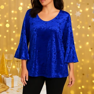 Top Slinky Brand Azul Real Terciopelo Aplastado Manga Campana Mujer 1X Talla Grande Glamour - Imagen 1 de 12