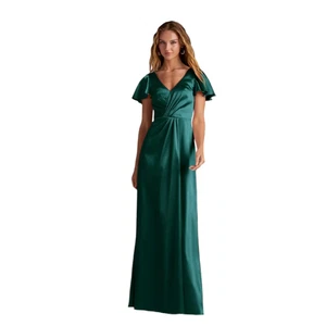 Azazie Soren Bridesmaid Green Blue Stretch Satin Flutter Sleeve Dress, Sz 4 A4 - Picture 1 of 15
