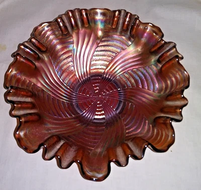 Vintage FENTON Peacock Tail Purple Carnival Glass Bowl 8" Diameter - Image 1 of 4
