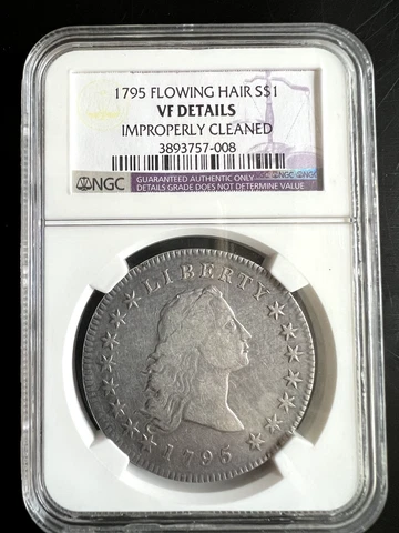 1795 NGC VF DETAILS CLEANED Flowing Hair Silver Dollar 2 leaves ** Free shipping Cover