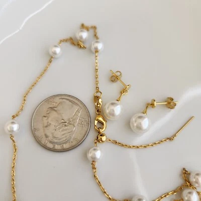 Juego de aretes de perlas Sea Shell de 8 mm chapados en oro amarillo plata 16" Foto 1 de 3