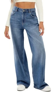 HDLTE High-waist wide-leg boyfriend loose-fit Y2K light-wash jeans, NWT, XS - Picture 1 of 12
