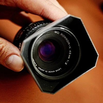 Minolta MD With Hood 45mm f2 Manual Focus Adapted Sony A7CR A7R E Mount Ready - Image 1 of 4